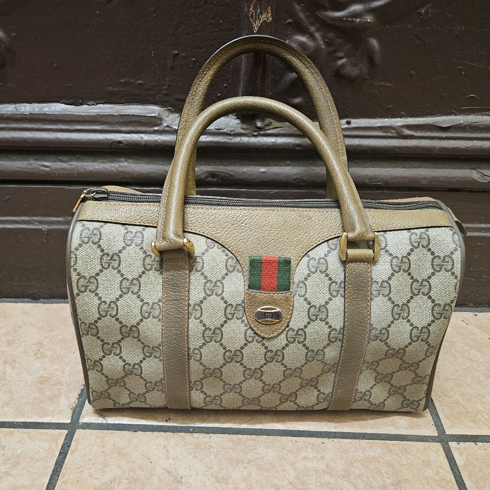 Gucci Beige and Brown Boston Women's Handbag Good Vintage Condition Authentic